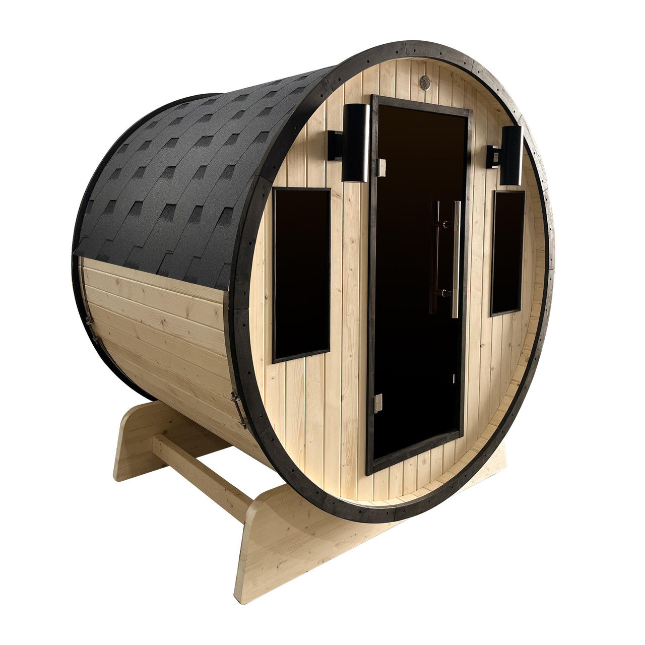 Main view of Aleko White Finland Pine 3/4 Person Outdoor Barrel Sauna with Black Accents and 4.5 kW Harvia KIP Electric Sauna Heater.