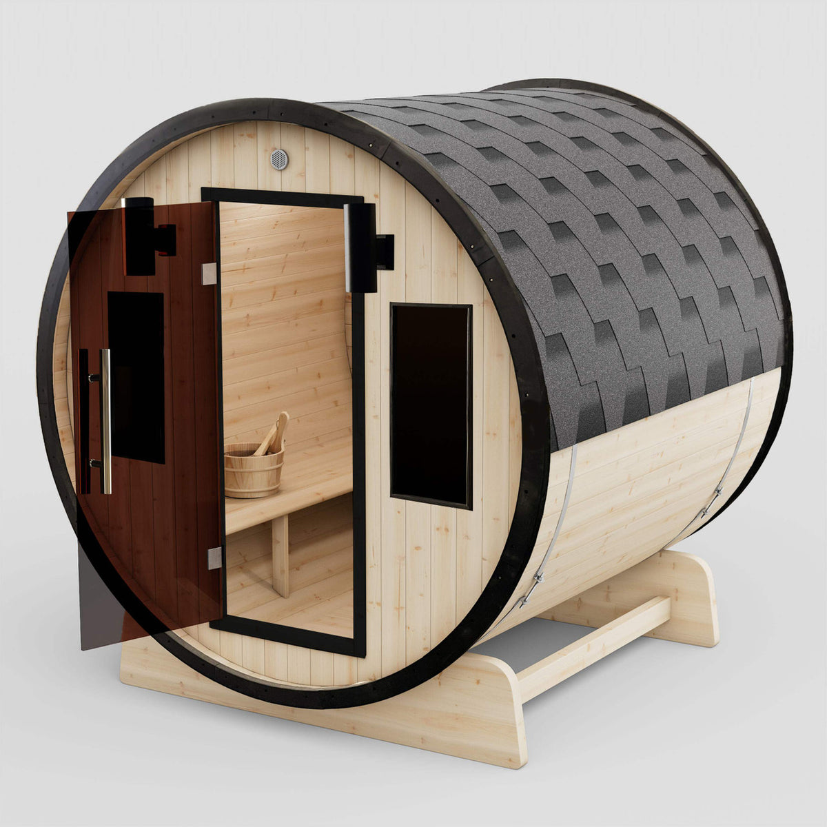 Main view of Aleko White Finland Pine 3/4 Person Outdoor Barrel Sauna with Black Accents and 4.5 kW Harvia KIP Electric Sauna Heater with door open.