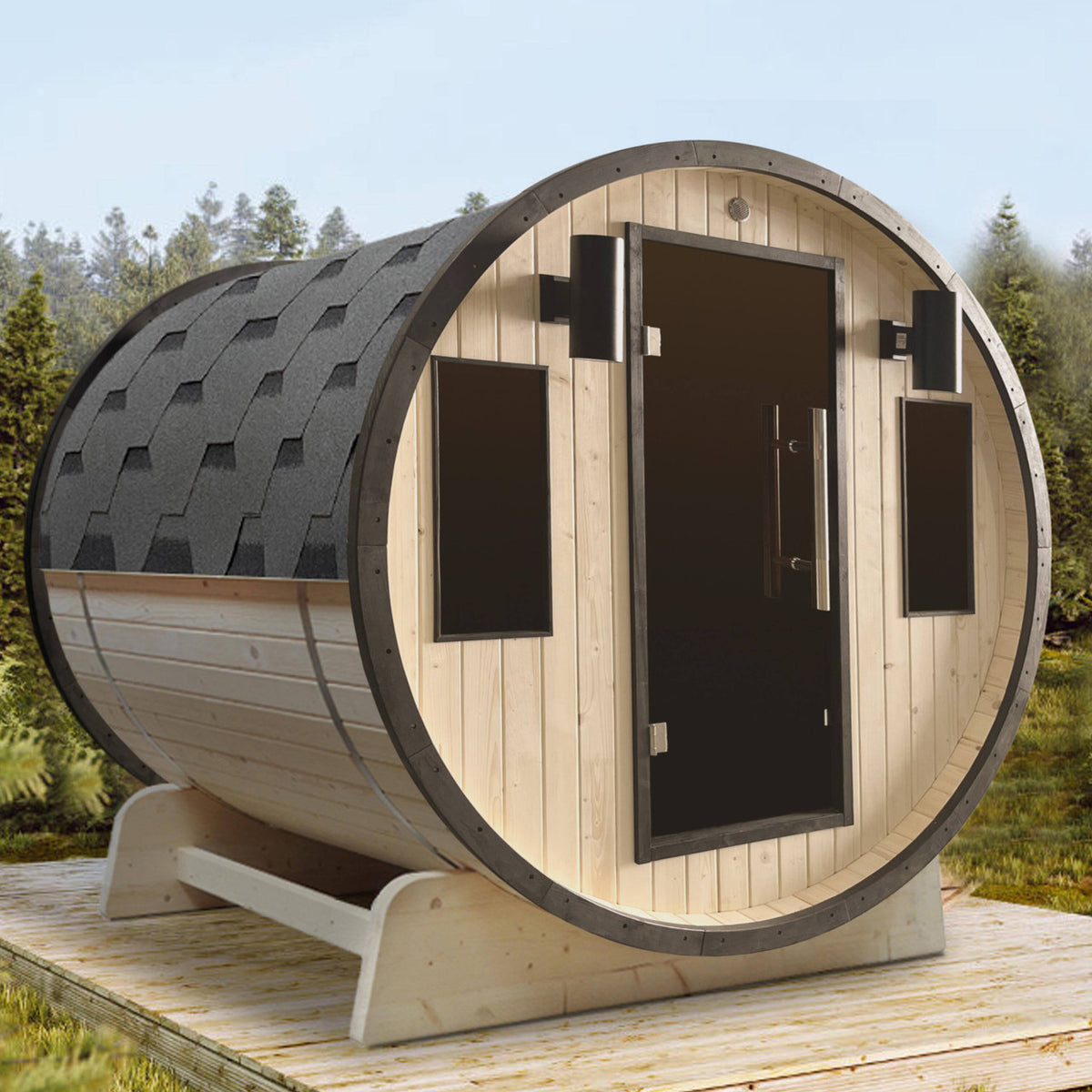 Side view of Aleko White Finland Pine 3/4 Person Outdoor Barrel Sauna with Black Accents and 4.5 kW Harvia KIP Electric Sauna Heater in a nature setting.