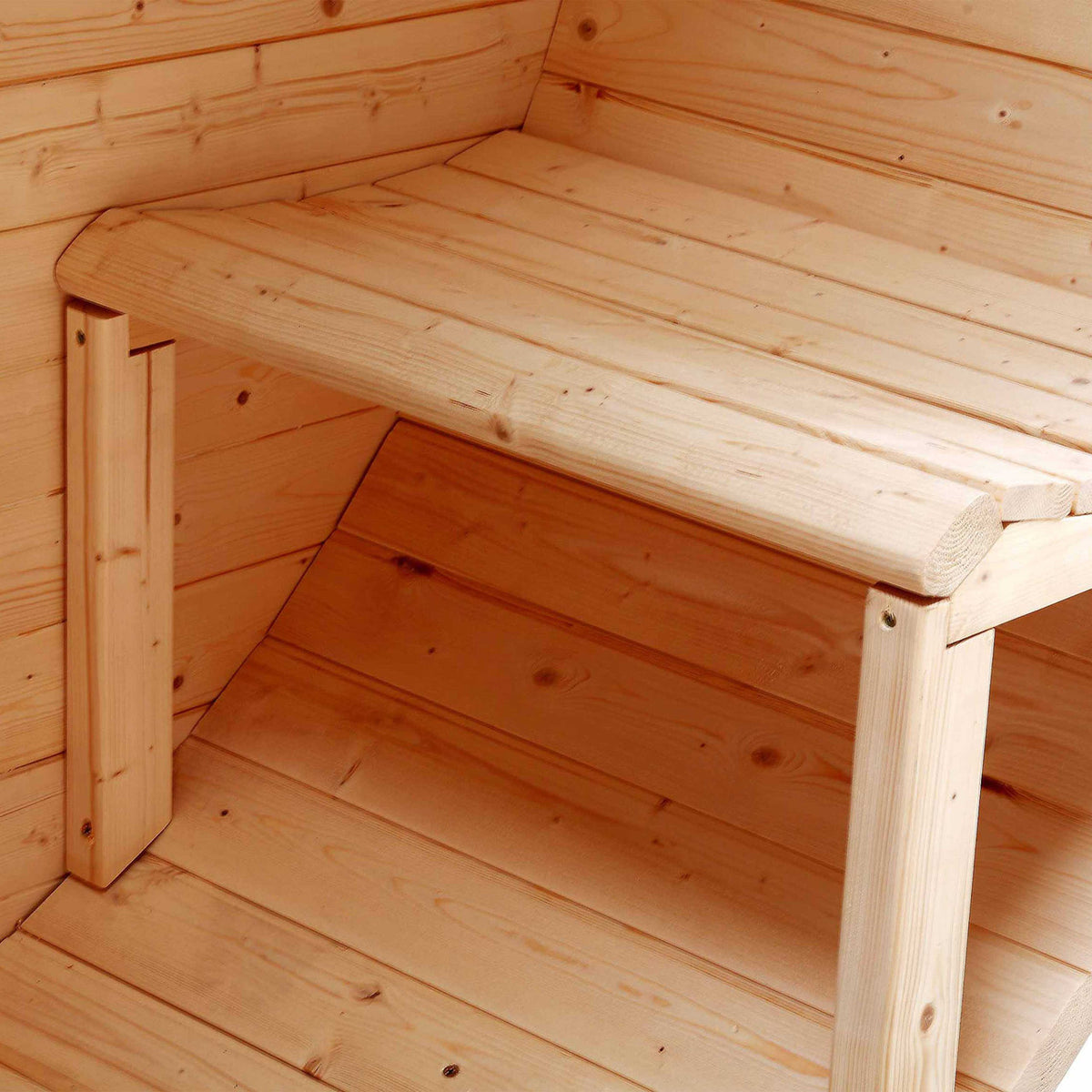 Bench detail of Aleko White Finland Pine Wet/Dry 6/8 Person Outdoor Barrel Sauna with Front Porch Canopy and 8 kW Harvia KIP Electric Sauna Heater.