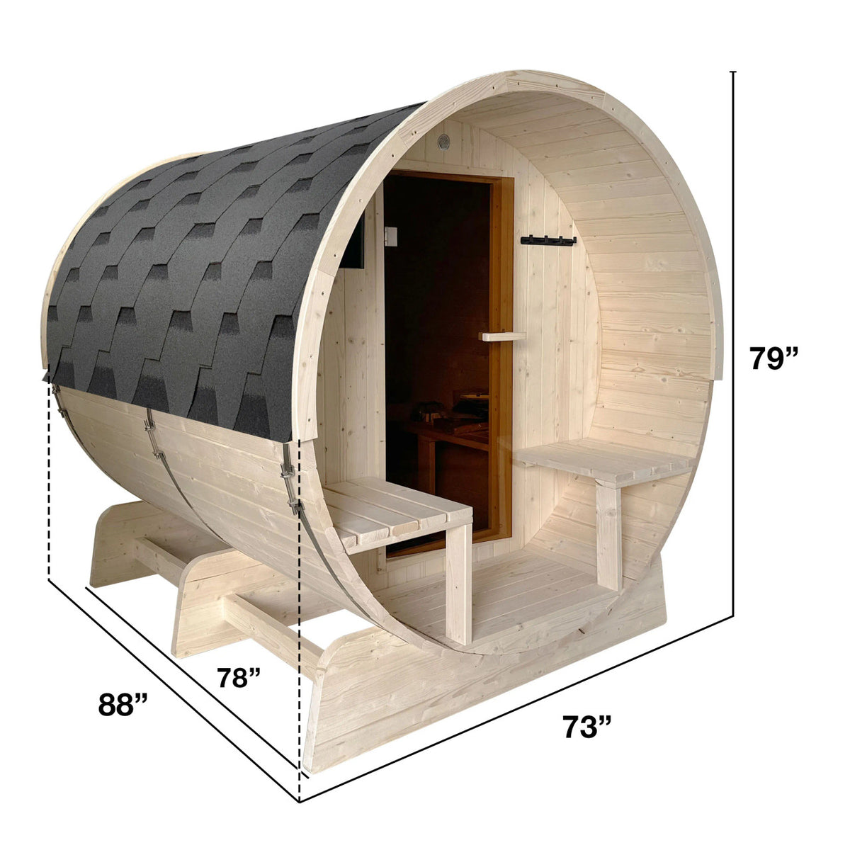 Dimensions of Aleko White Finland Pine Wet/Dry 6/8 Person Outdoor Barrel Sauna with Front Porch Canopy and 8 kW Harvia KIP Electric Sauna Heater.