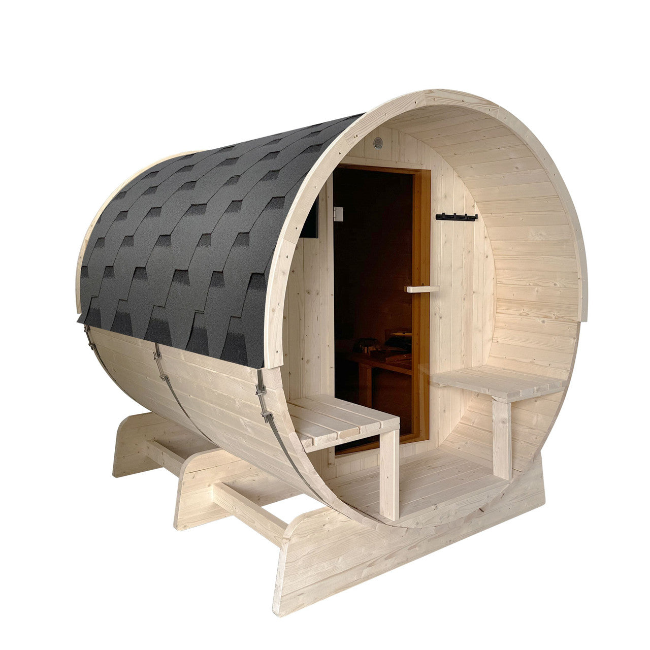 Main view of Aleko White Finland Pine Wet/Dry 6/8 Person Outdoor Barrel Sauna with Front Porch Canopy and 8 kW Harvia KIP Electric Sauna Heater.