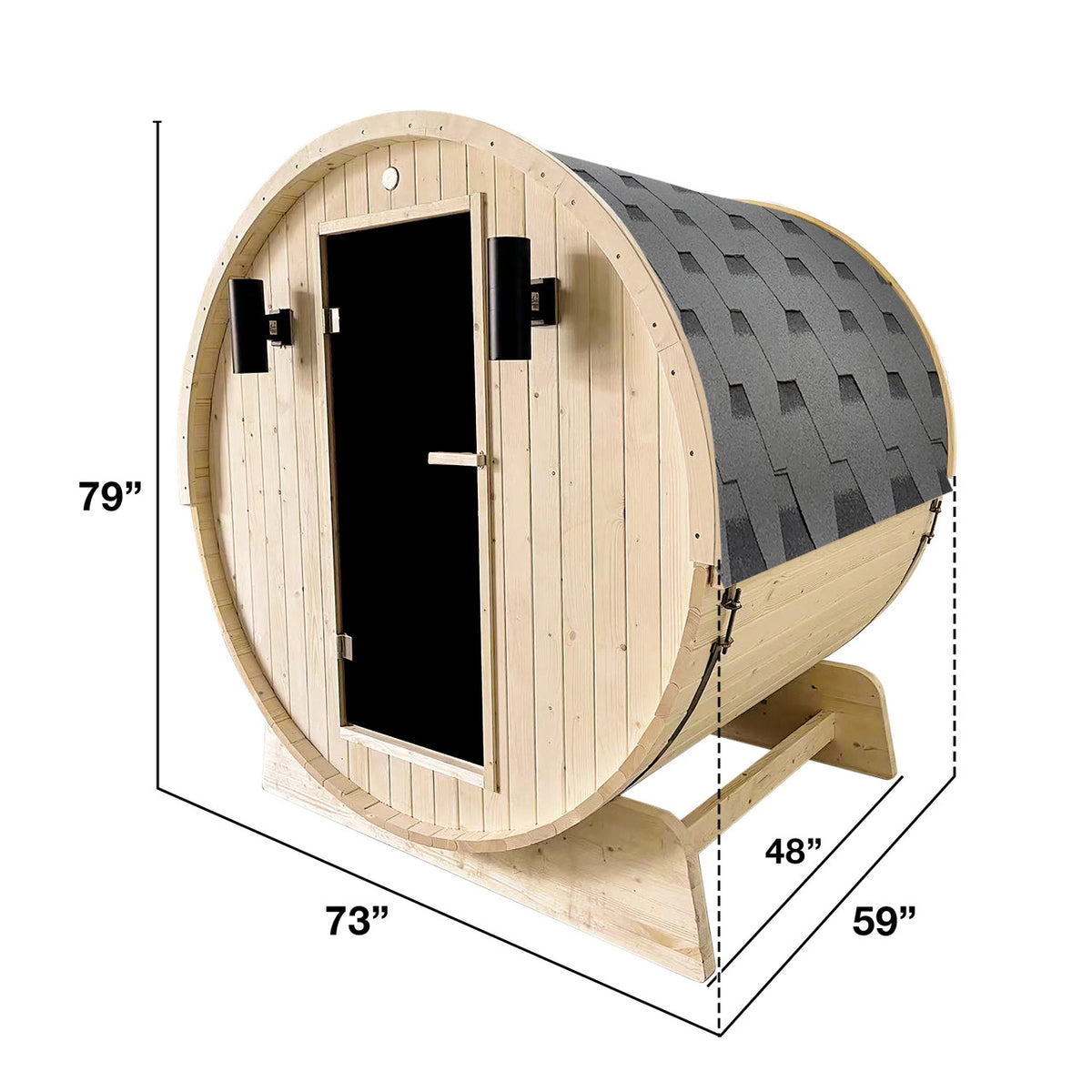 Dimensions of  Aleko White Pine 5/6 Person Outdoor Barrel Sauna with Front Porch Canopy and 4.5 kW Electric Sauna Heater.