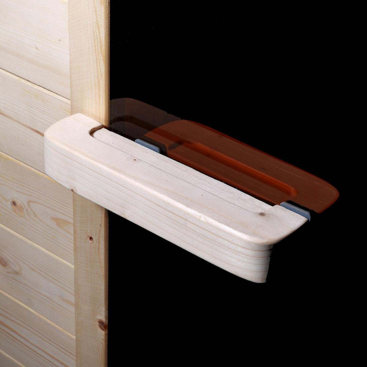 Door handle of  Aleko White Pine 5/6 Person Outdoor Barrel Sauna with Front Porch Canopy and 4.5 kW Electric Sauna Heater.