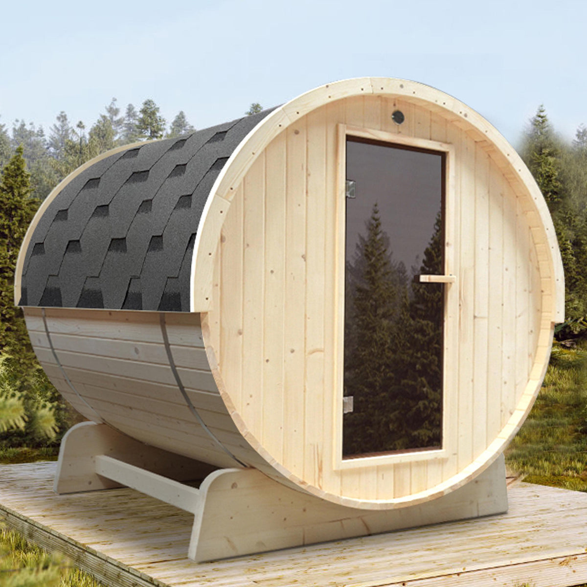 Main view of  Aleko White Pine 5/6 Person Outdoor Barrel Sauna with Front Porch Canopy and 4.5 kW Electric Sauna Heater.