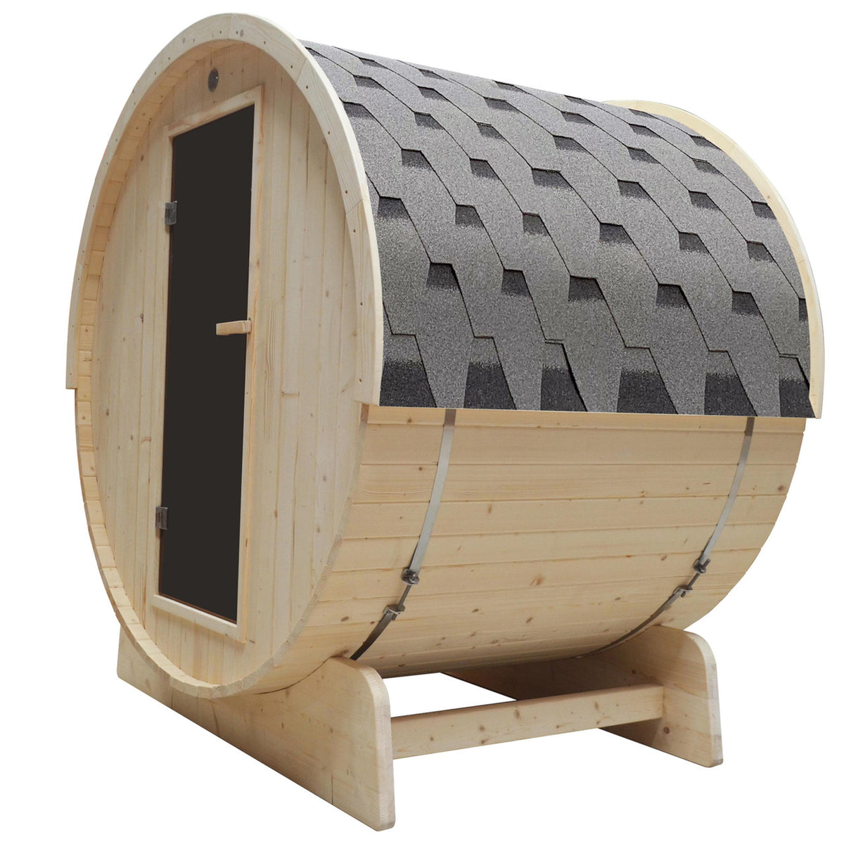 Side view of Aleko White Pine 5/6 Person Outdoor Barrel Sauna with Front Porch Canopy and 4.5 kW Electric Sauna Heater.