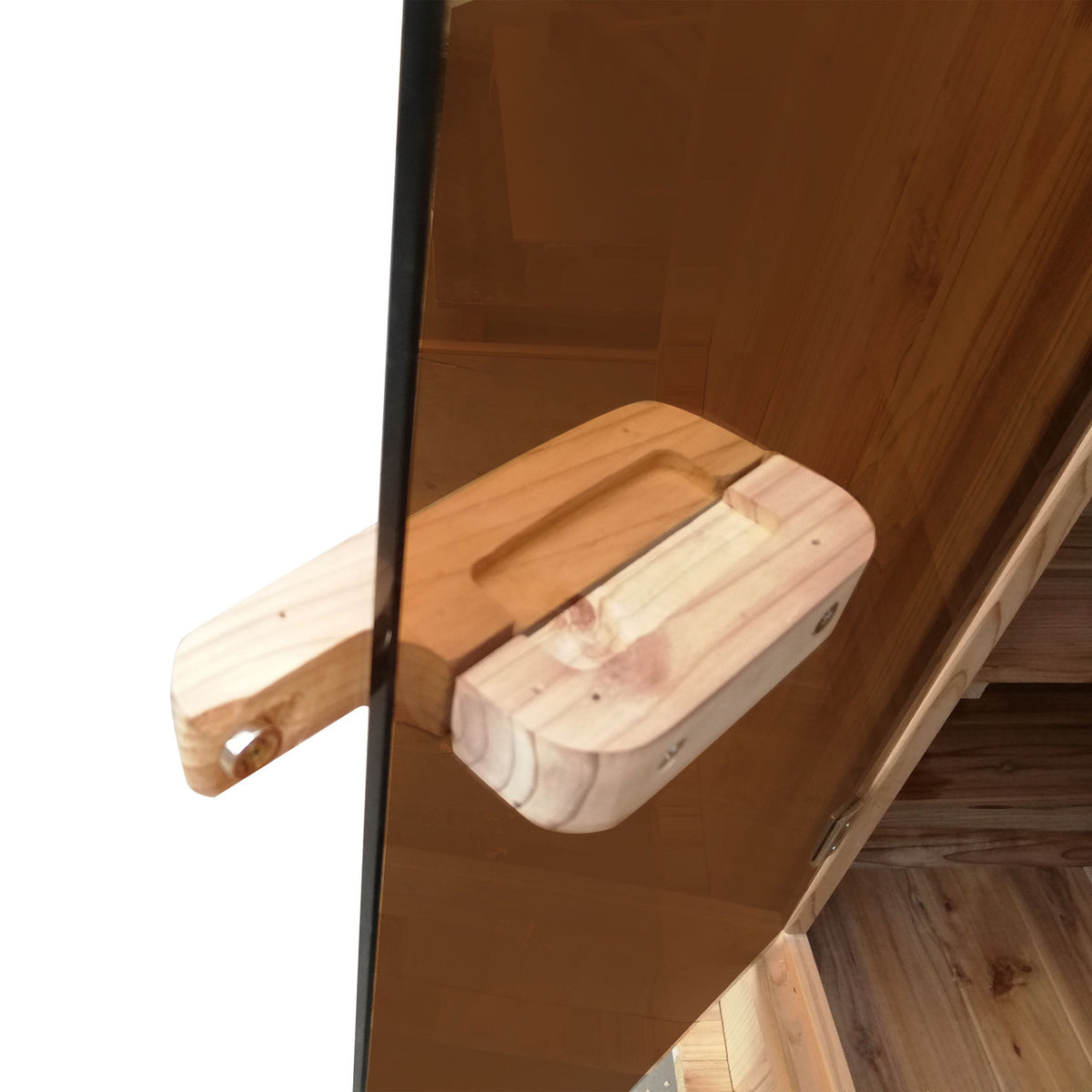 Close-up view of the door of Aleko White Finland Pine Wet/Dry 3/5 Person Outdoor Barrel Sauna with Front Porch Canopy and 4.5 kW Electric Sauna Heater.