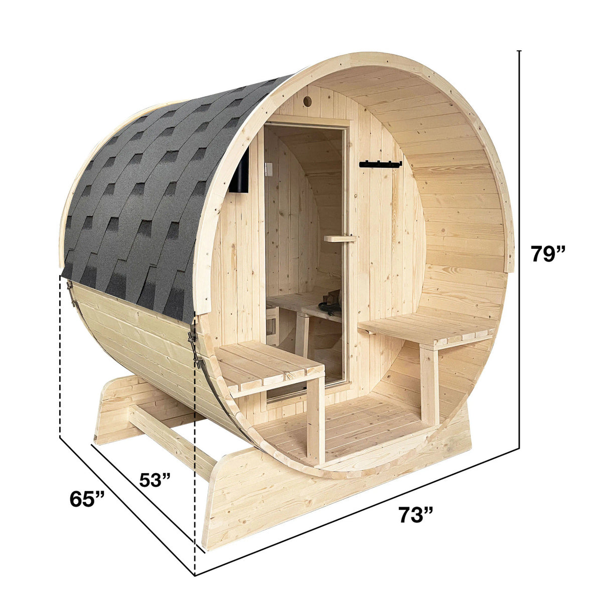 Dimensions of Aleko White Finland Pine Wet/Dry 3/5 Person Outdoor Barrel Sauna with Front Porch Canopy and 4.5 kW Electric Sauna Heater.