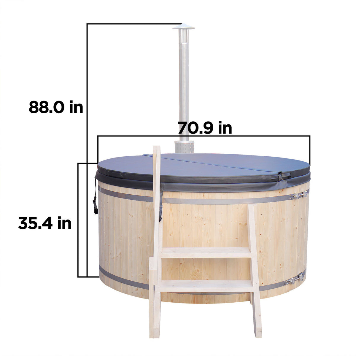 Dimensions of an Aleko Wood-Fired Pine Hot Tub.