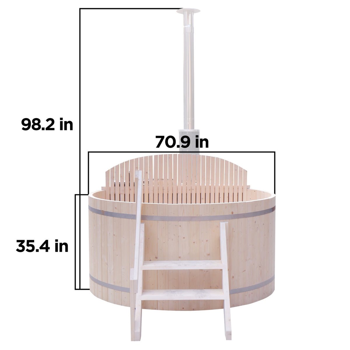 Dimensions of an Aleko Wood-Fired Pine Hot Tub with Internal Stove.