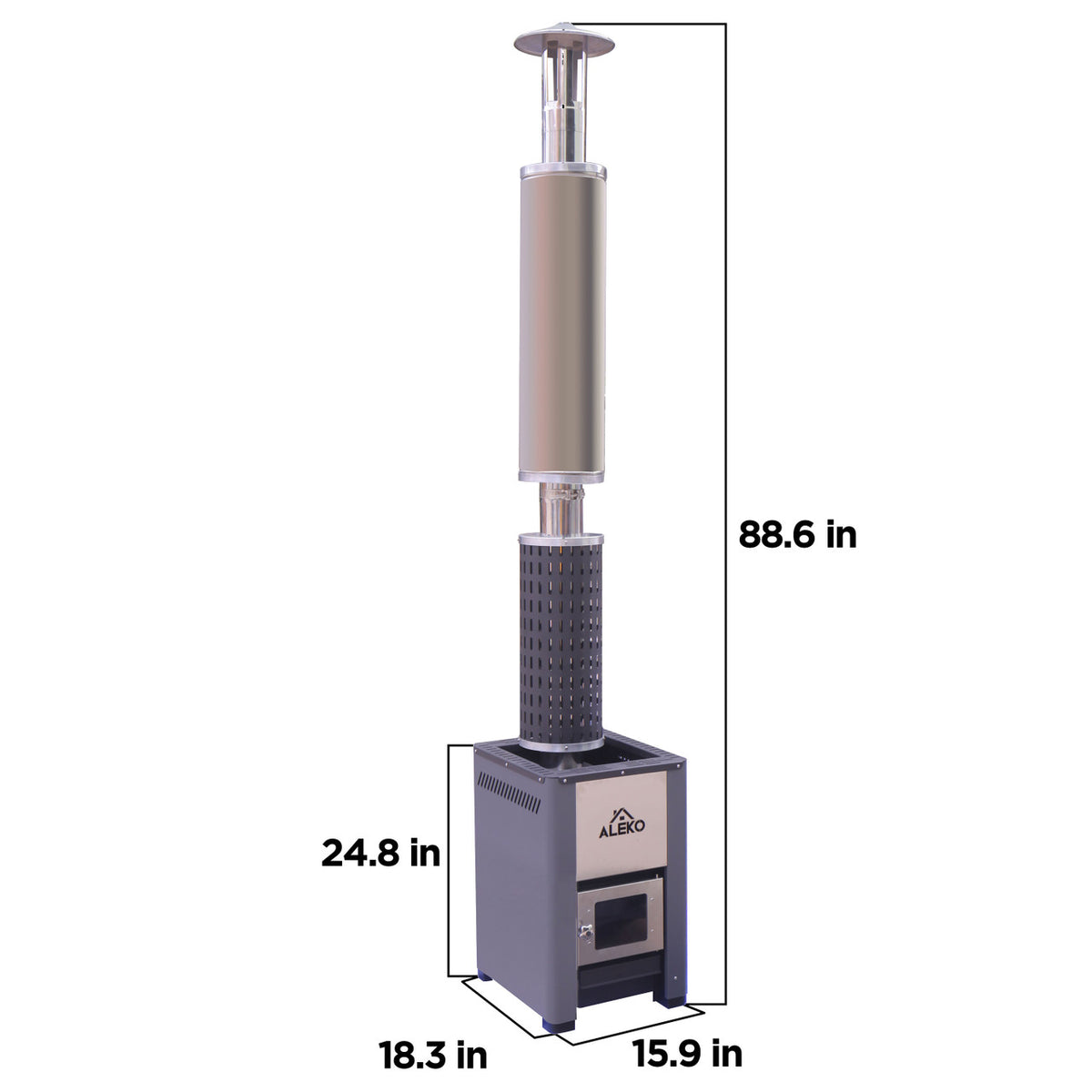 Dimensions of Aleko Wood Burning Sauna Heater and Chimney Kit 9-15 kW Equivalent.