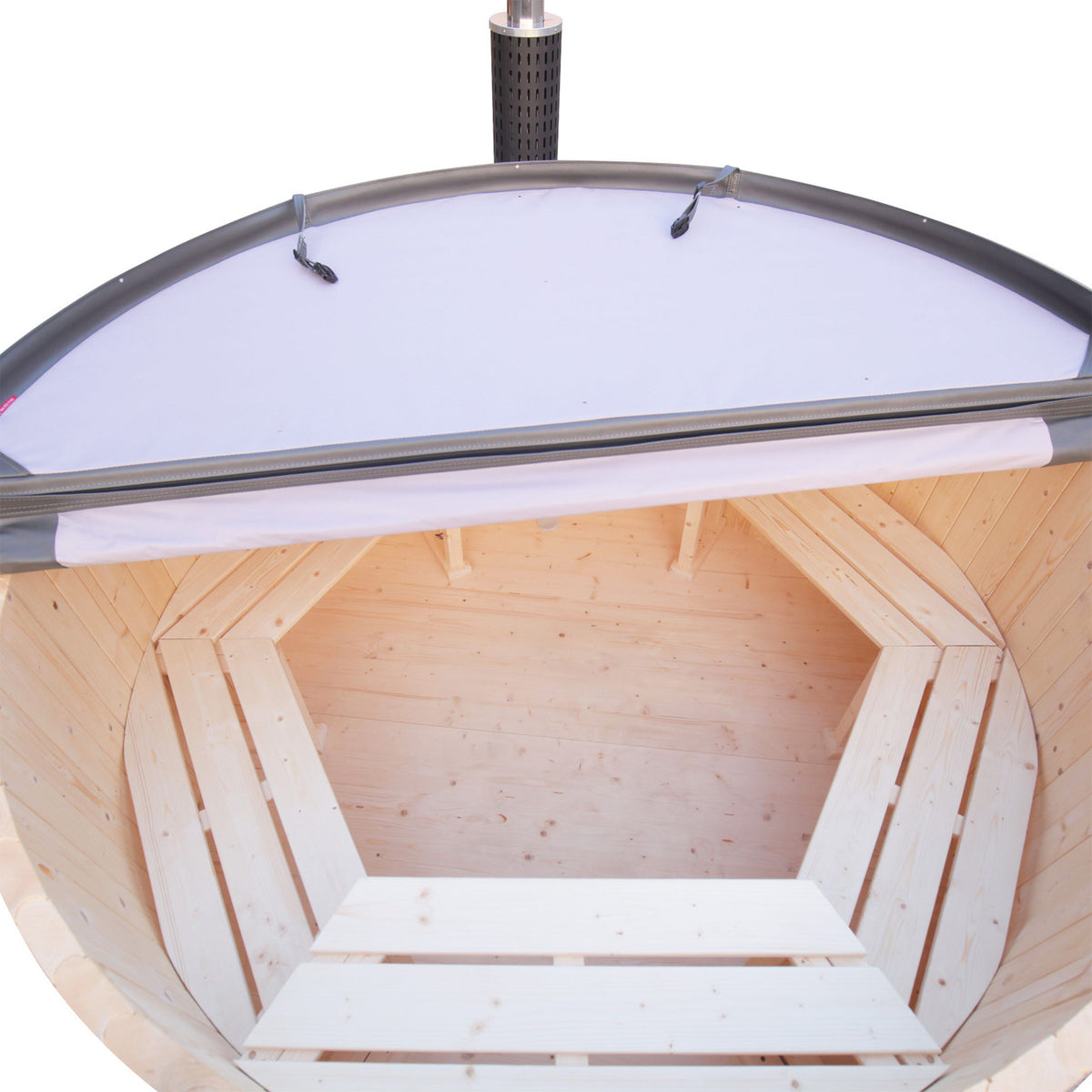 Empty interior view of an Aleko Wood-Fired Pine Hot Tub showing benches and depth.