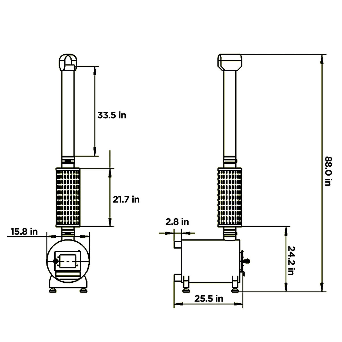 Heater and chimney dimensions of an Aleko Wood-Fired Pine Hot Tub.