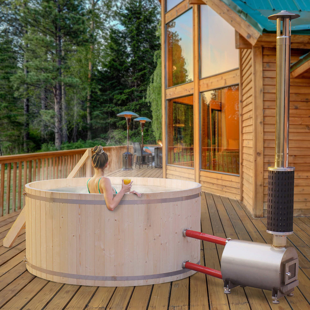 A woman using an Aleko Wood-Fired Pine Hot Tub in an outdoor setting.