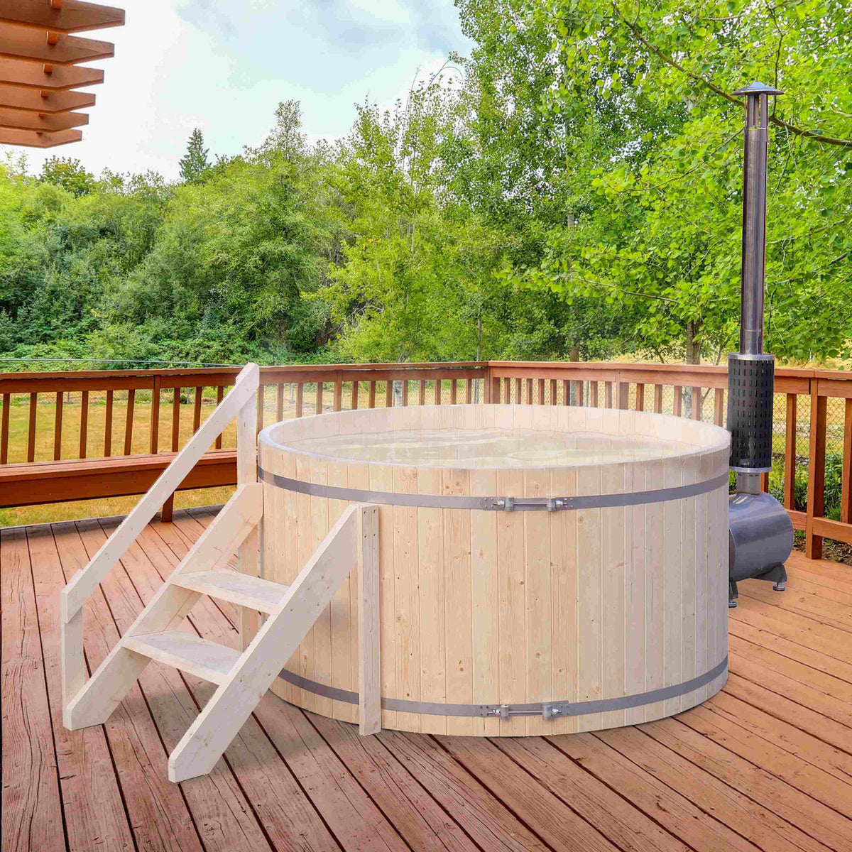 Aleko Wood-Fired Pine Hot Tub in an outdoor setting.