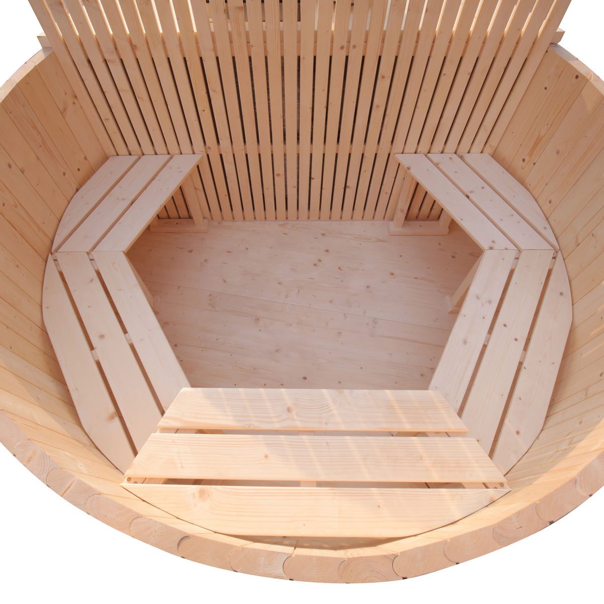 Empty interior view of an Aleko Wood-Fired Pine Hot Tub with Internal Stove showcasing the benches and its depth.