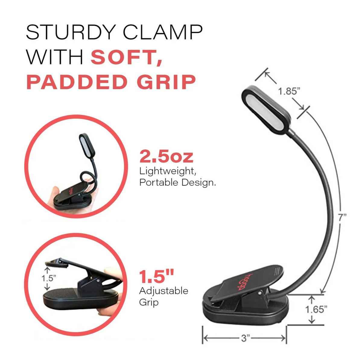 Dimensions of Amber &amp; White Clip-On Book Light.