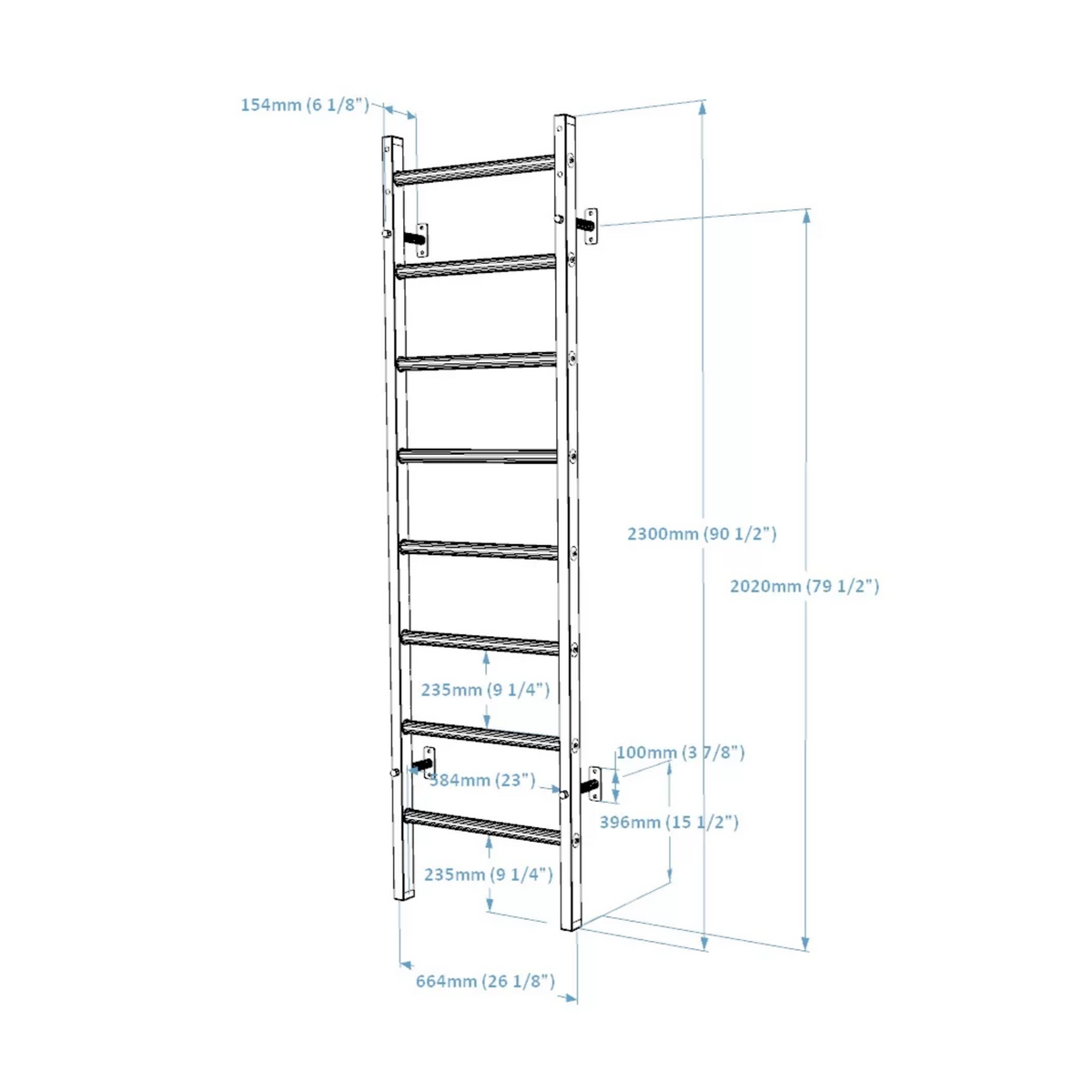 Dimensions of BenchK 200 Wall Bars and Gymnastic Ladders black version.