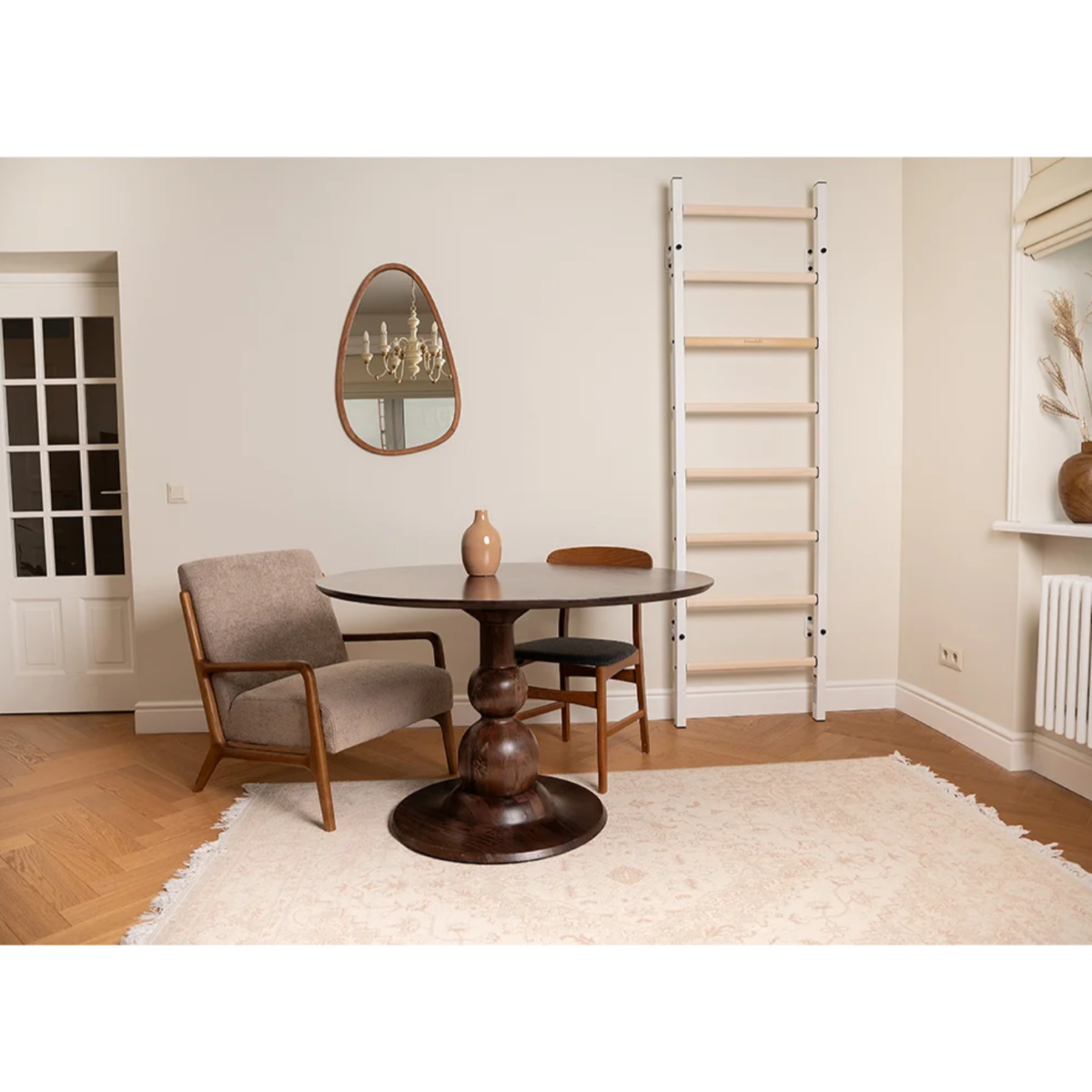 BenchK 200 Wall Bars and Gymnastic Ladders white version installed in a living room.