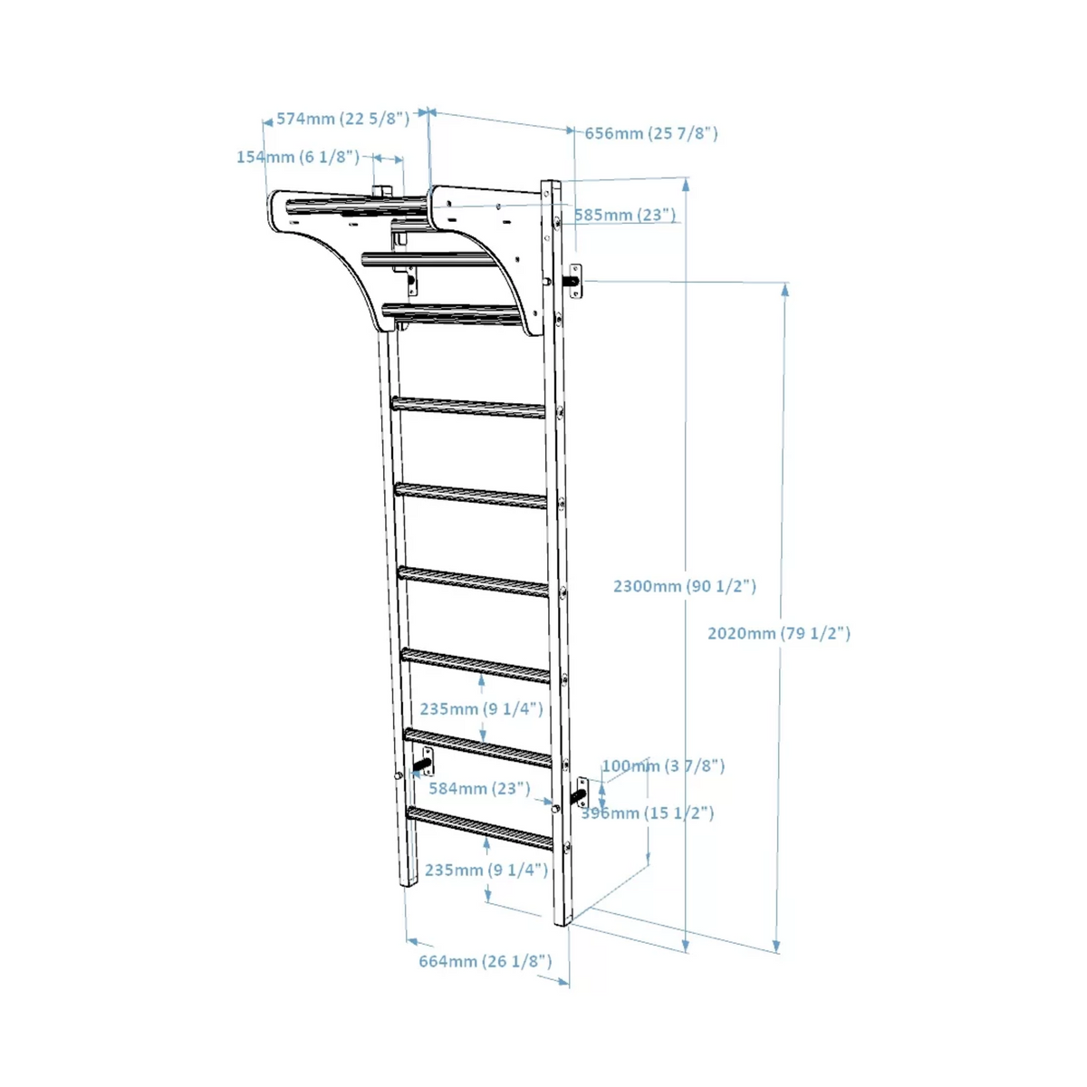 Dimensions of BenchK 211 Wall Bars and Gymnastic Ladders.