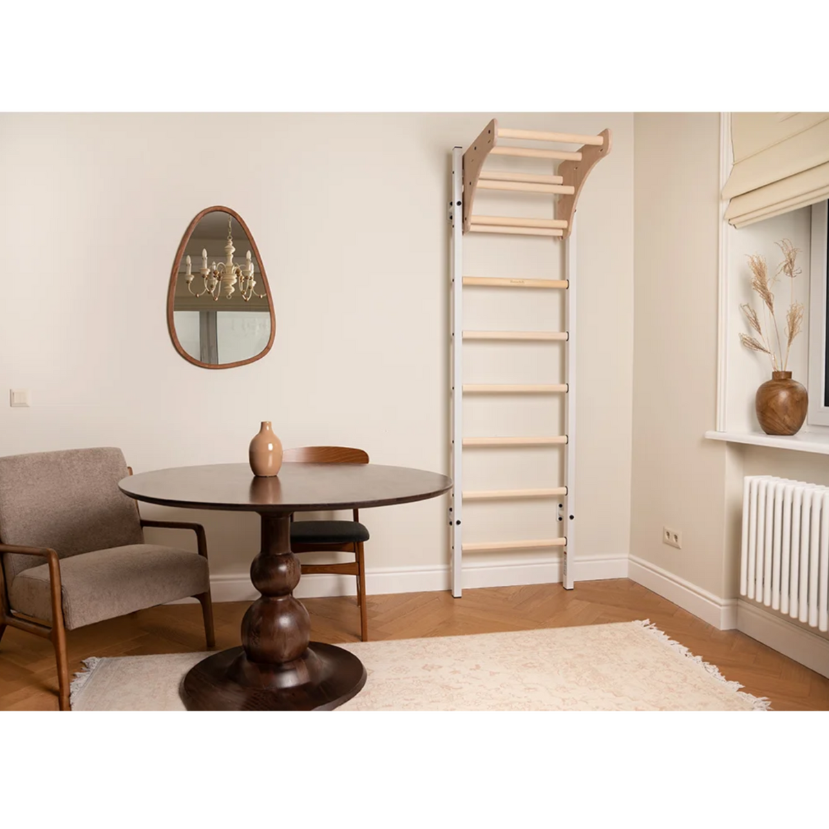 BenchK 211 Wall Bars and Gymnastic Ladders white version installed in a living room.