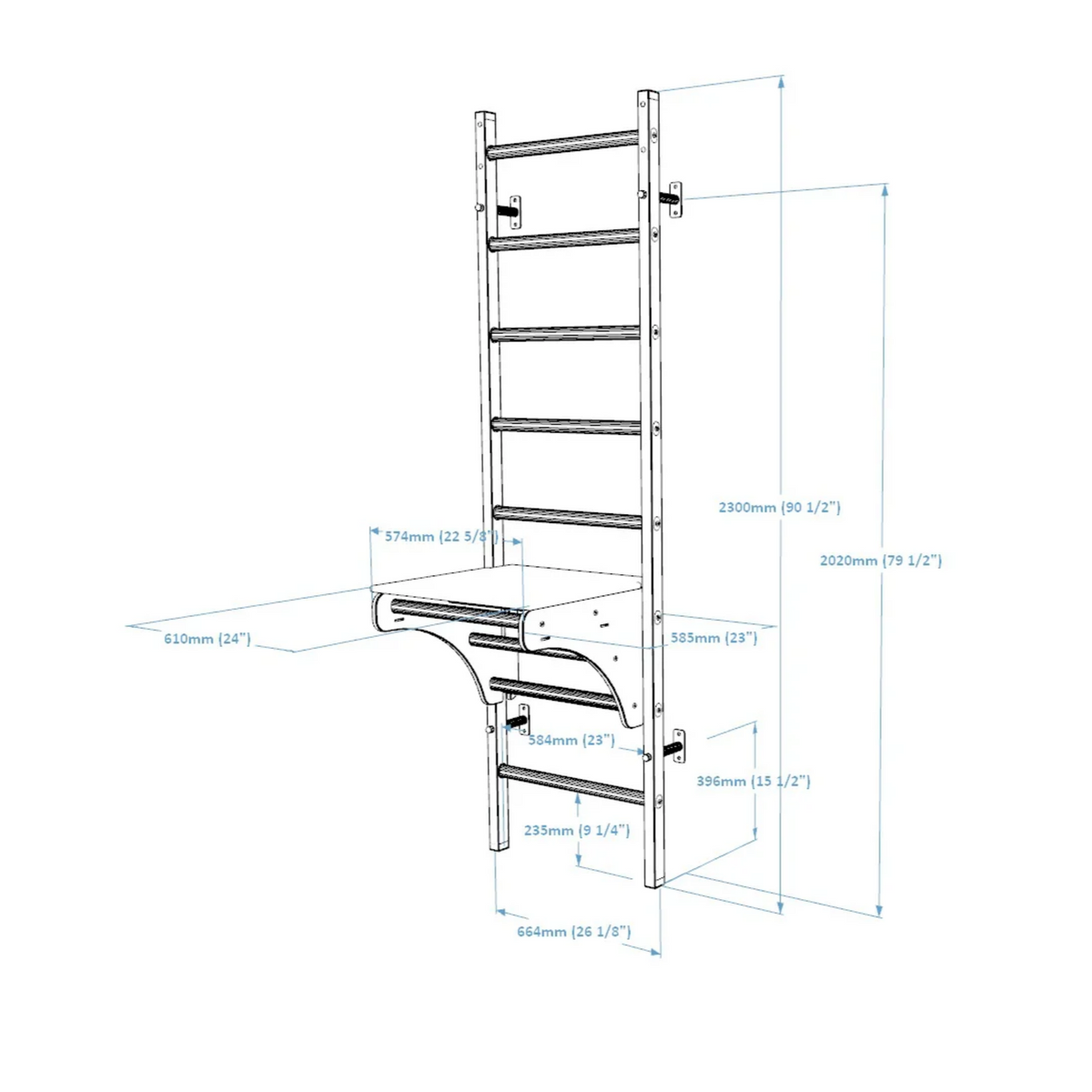 Dimensions of BenchK 212 Wall Bars and Gymnastic Ladders white version.