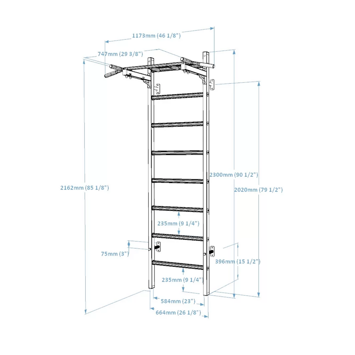 Dimensions of BenchK 221 Wall Bars and Gymnastic Ladders black version.