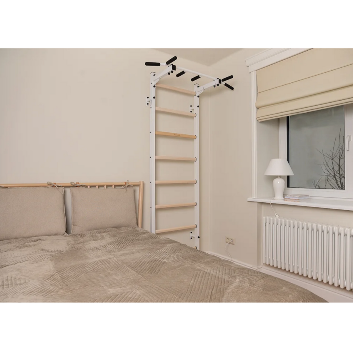 BenchK 221 Wall Bars and Gymnastic Ladders white version installed in a bedroom.