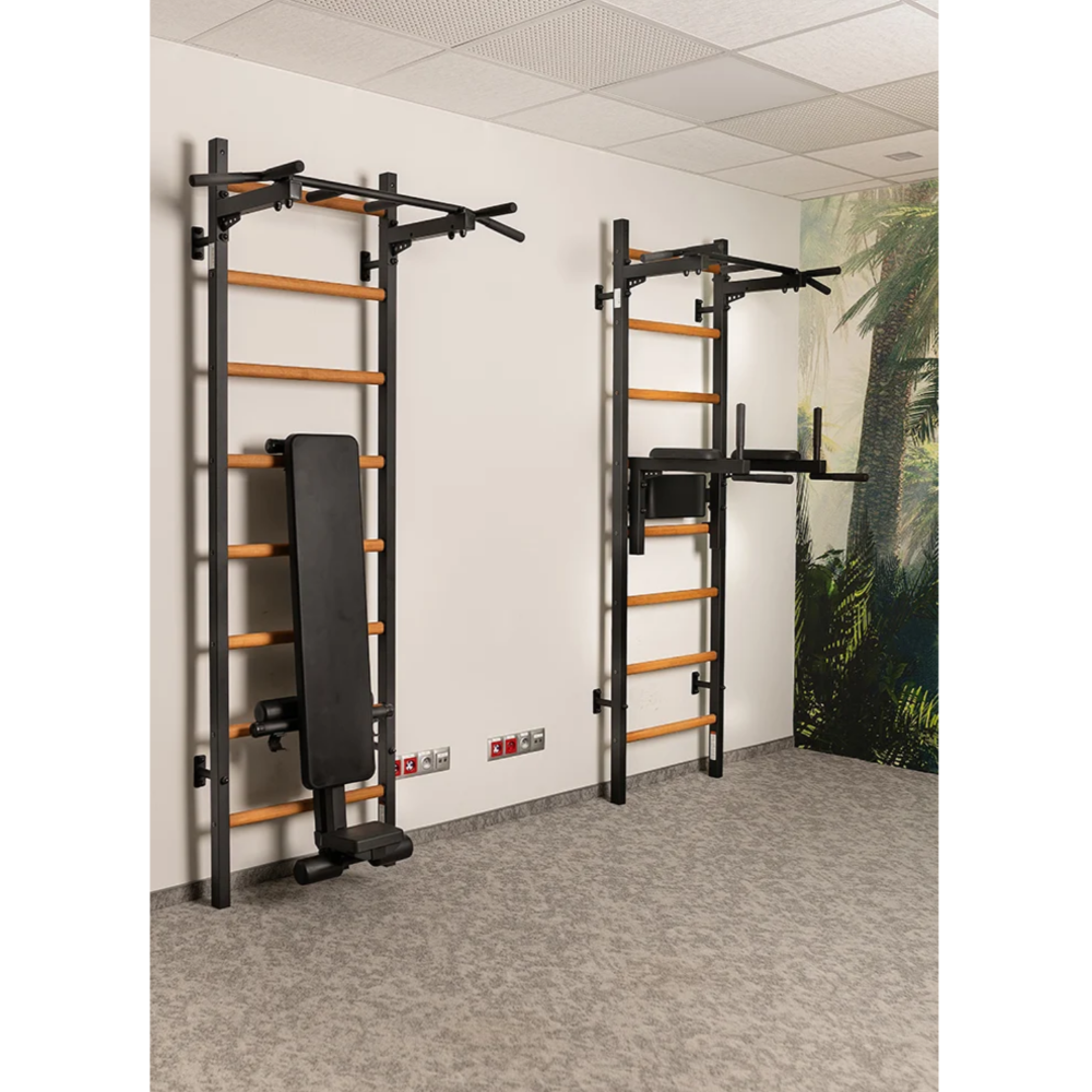 Set of two BenchK 222 Wall Bars and Gymnastic Ladders black version installed in a gym.