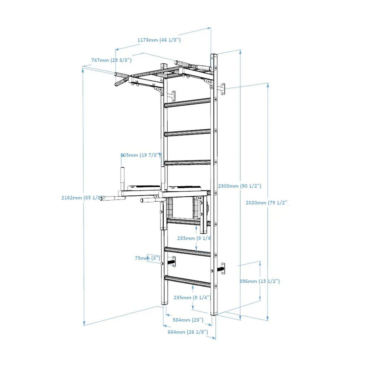 Dimensions of BenchK 222 Wall Bars and Gymnastic Ladders white version.