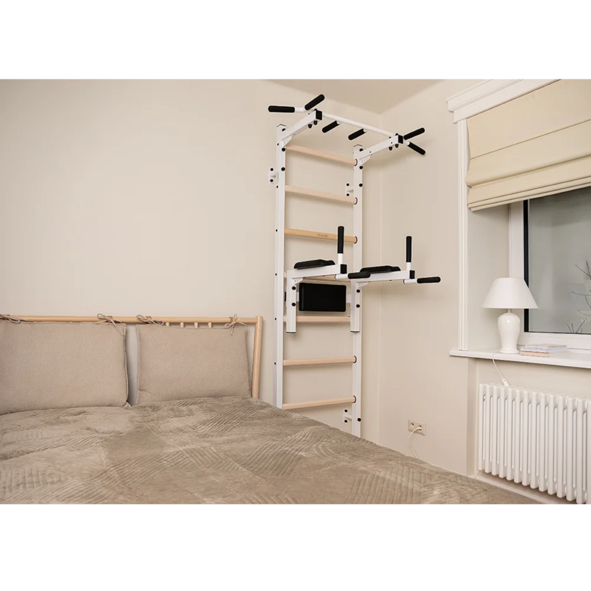 BenchK 222 Wall Bars and Gymnastic Ladders white version installed in a bedroom.