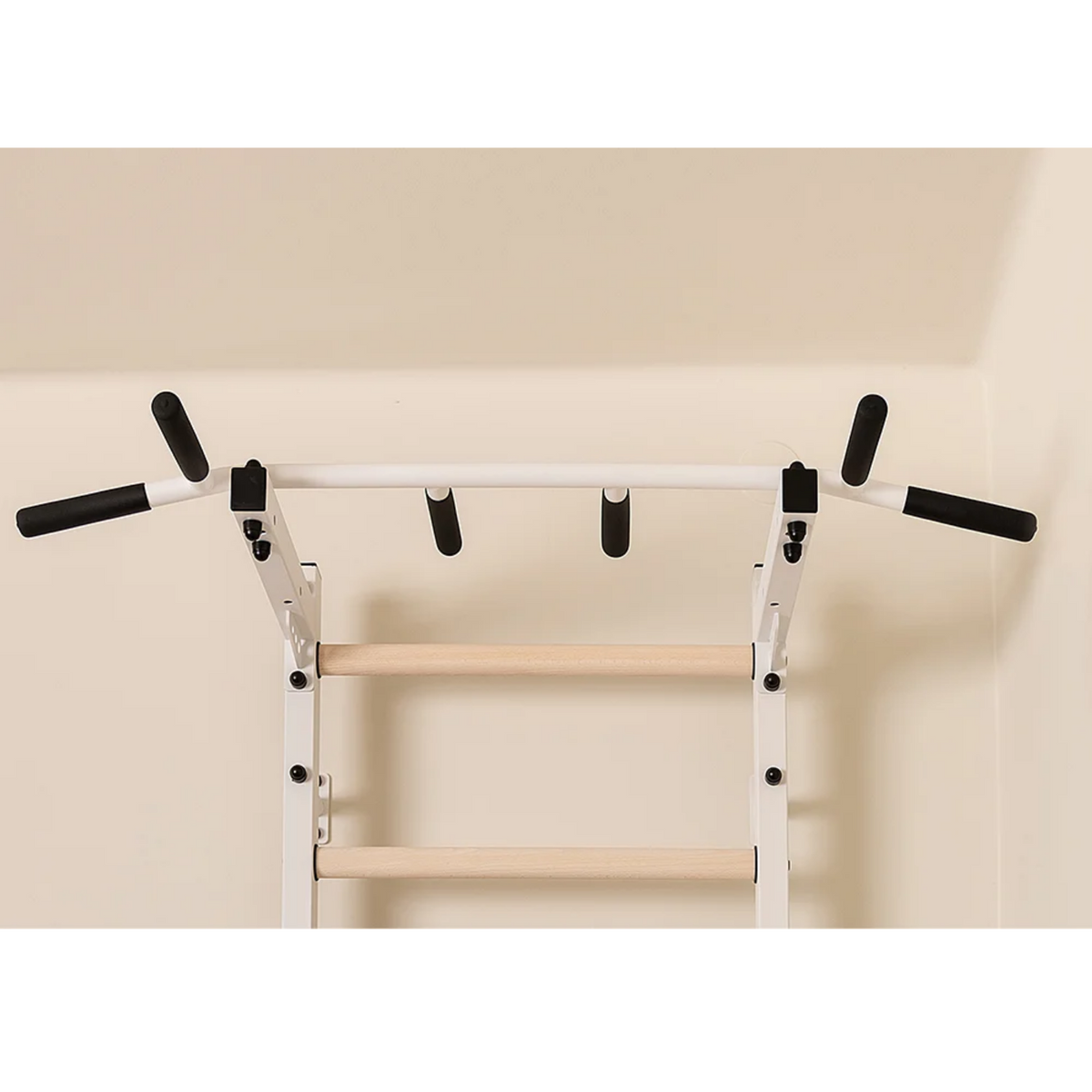 Close-up view of pull up bar of BenchK 222 Wall Bars and Gymnastic Ladders white version.