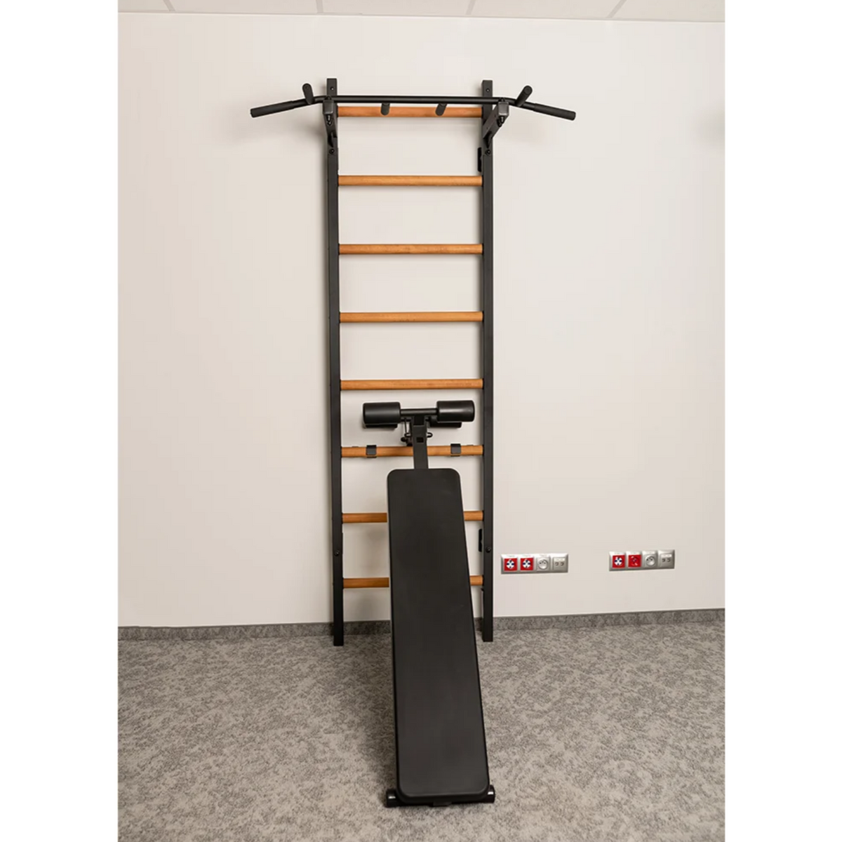 Front view of BenchK 223 Wall Bars &amp; Gymnastic Ladders black version in a gym.