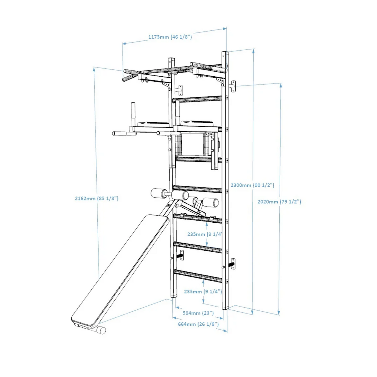 Dimensions of BenchK 223 Wall Bars &amp; Gymnastic Ladders black version.