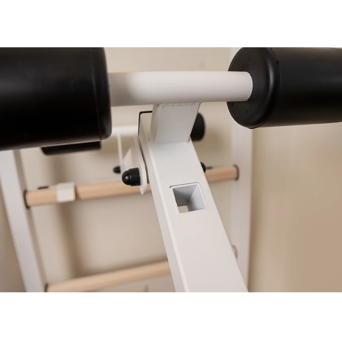 Close-up view of workout bench of BenchK 223 Wall Bars &amp; Gymnastic Ladders white version.