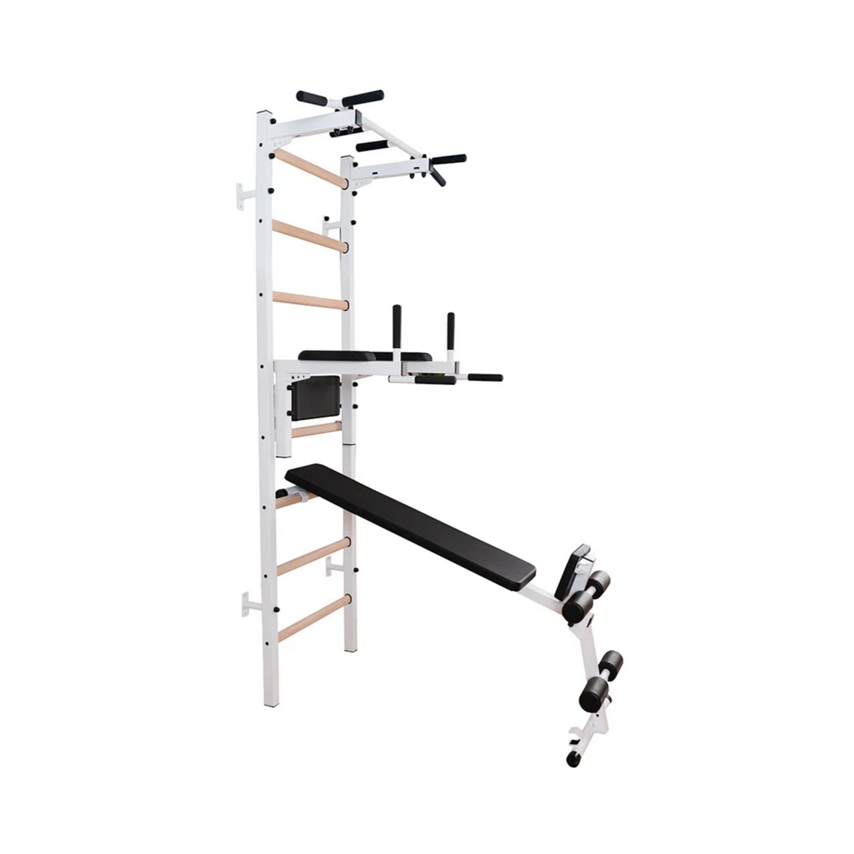 Side view of BenchK 223 Wall Bars &amp; Gymnastic Ladders white version with workout bench extended.