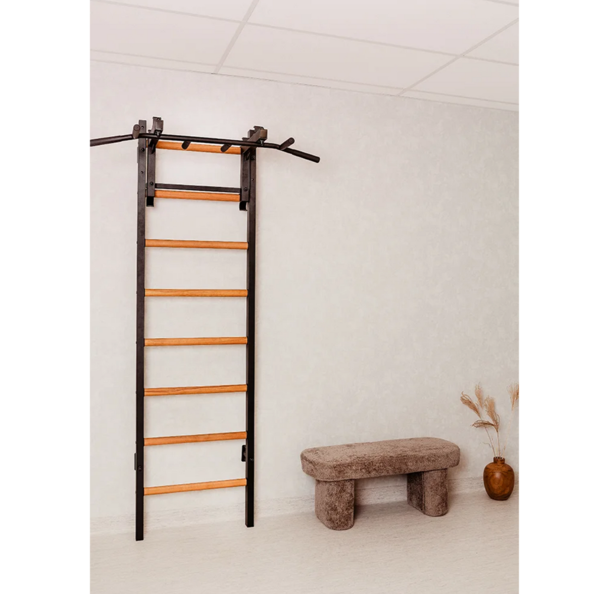 BenchK 231 Wall Bars &amp; Gymnastic Ladders black version installed in a living room.