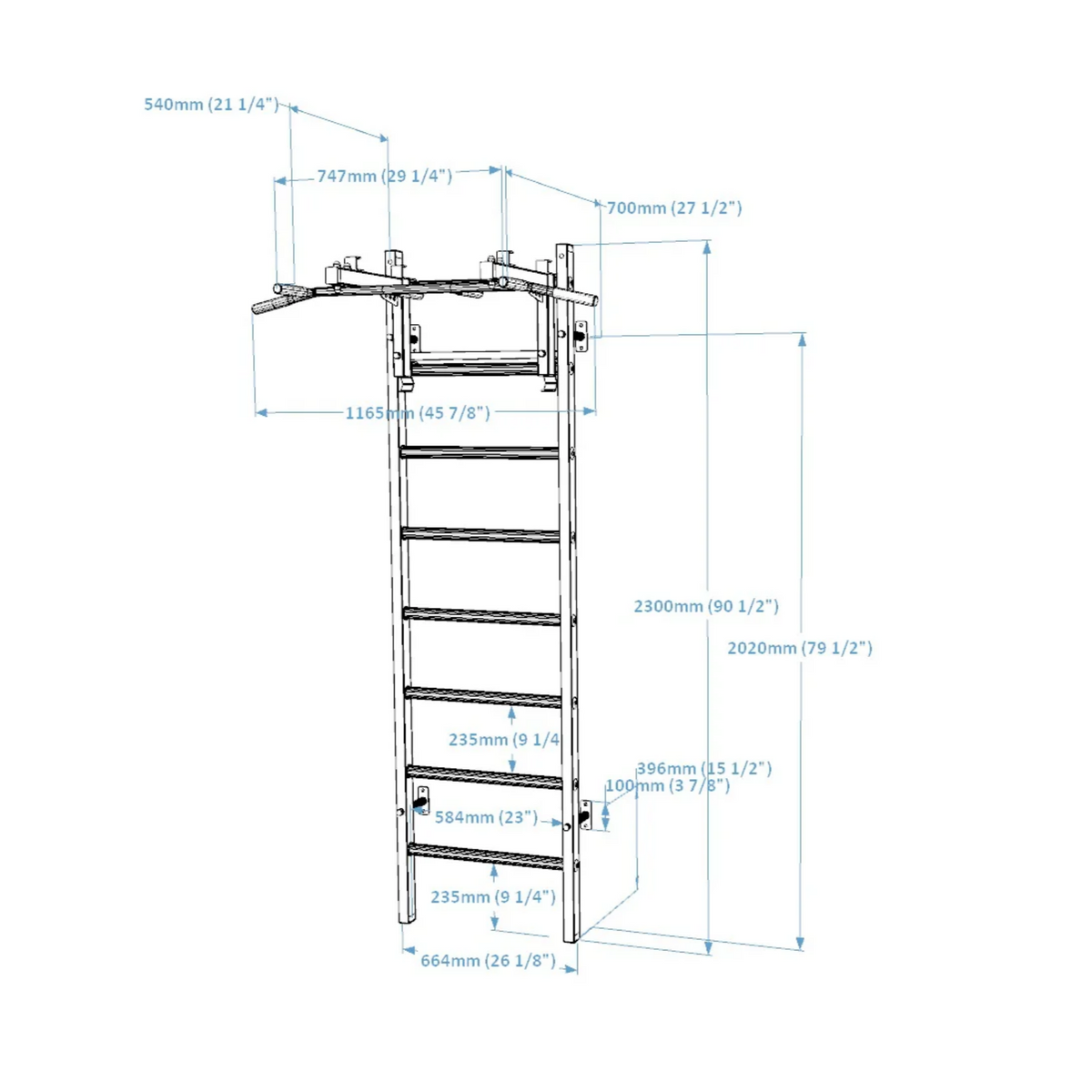 Dimensions of BenchK 231 Wall Bars &amp; Gymnastic Ladders white version.