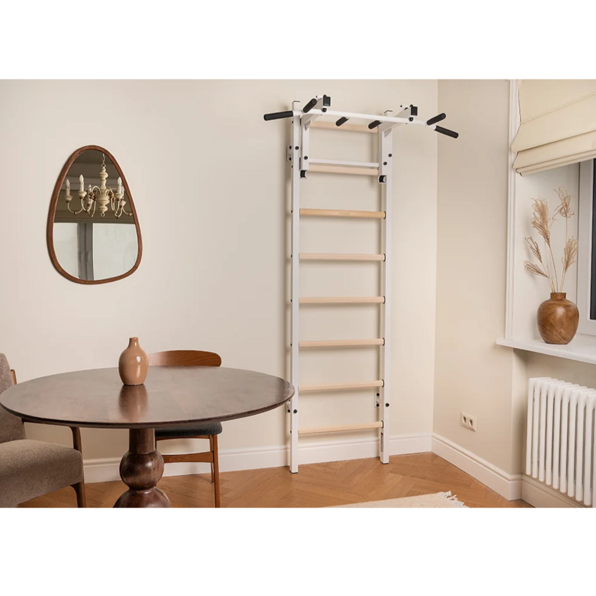 BenchK 231 Wall Bars &amp; Gymnastic Ladders white version in a living room.