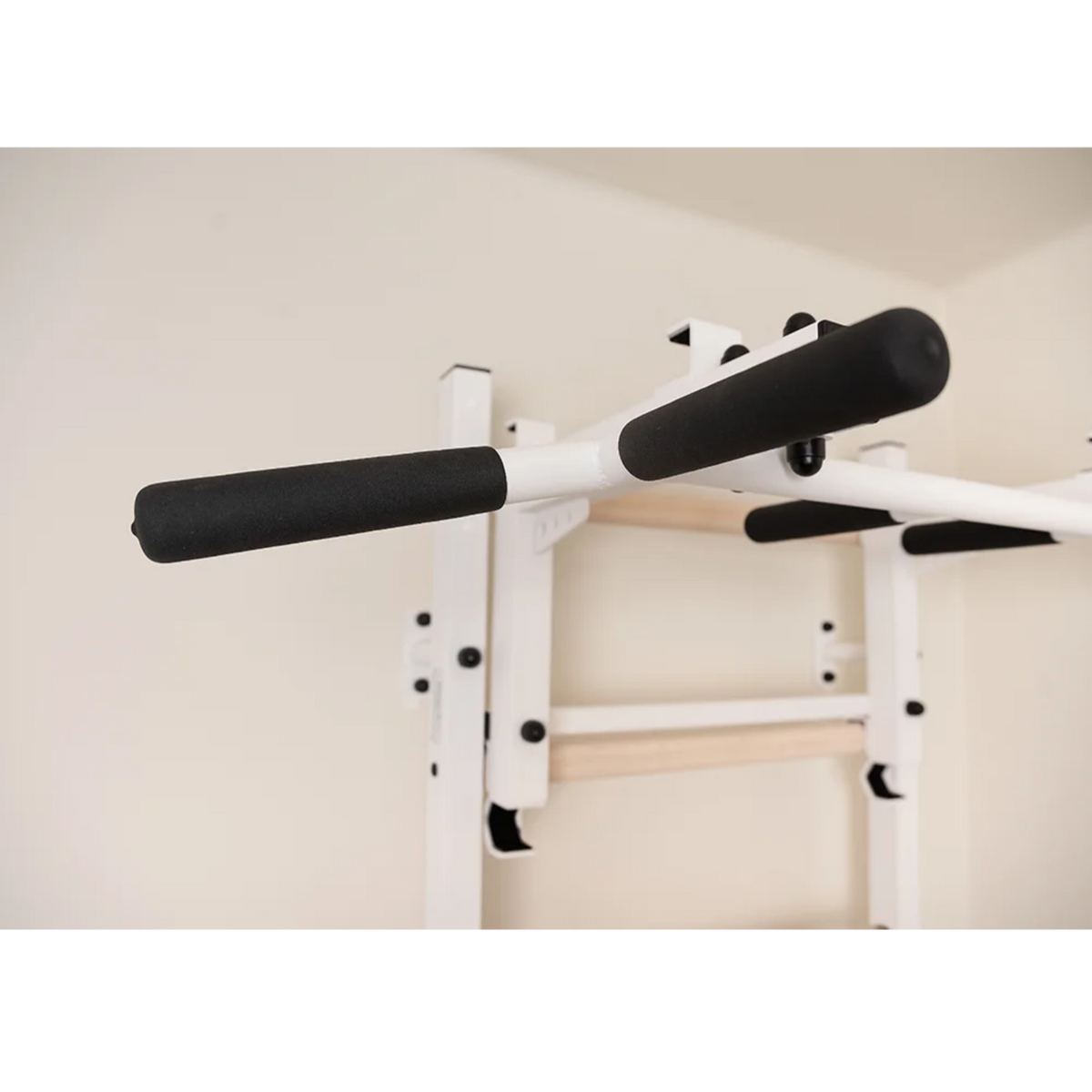 Close-up view of pull-up bar of BenchK 231 Wall Bars &amp; Gymnastic Ladders white version.