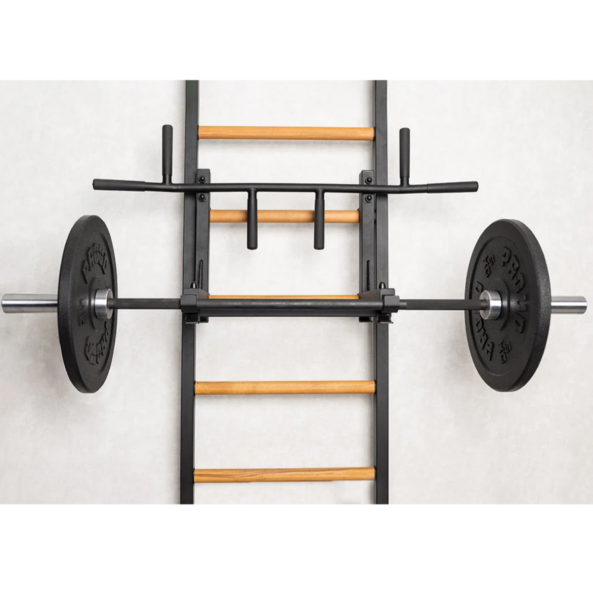 Pull-up bar with barbell hold of BenchK 232 Wall Bars &amp; Gymnastic Ladders black version holding a barbell.