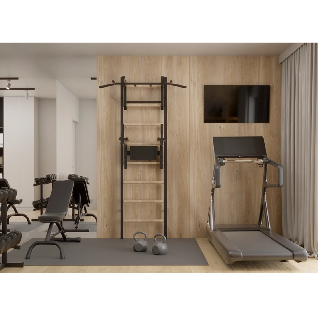 BenchK 232 Wall Bars &amp; Gymnastic Ladders black version in a home gym.