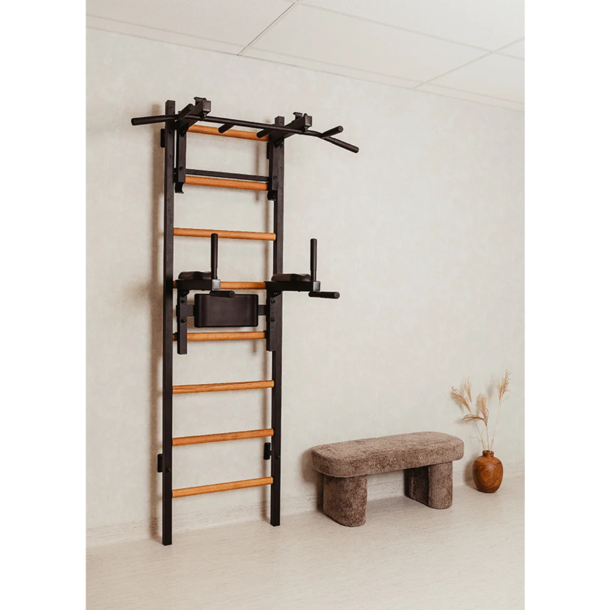 BenchK 232 Wall Bars &amp; Gymnastic Ladders black version in a living room.