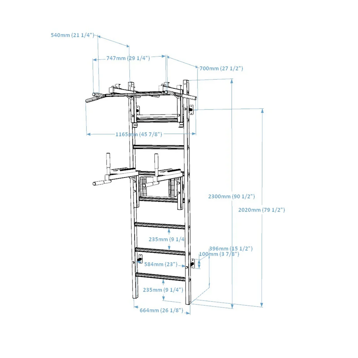 Dimensions of BenchK 232 Wall Bars &amp; Gymnastic Ladders black version.