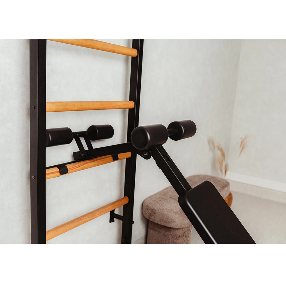 Close-up view of workout bench of BenchK 233 Wall Bars and Gymnastic Ladders black version.