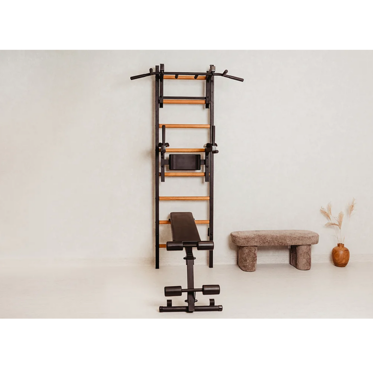 Front view of BenchK 233 Wall Bars and Gymnastic Ladders black version in a living room.