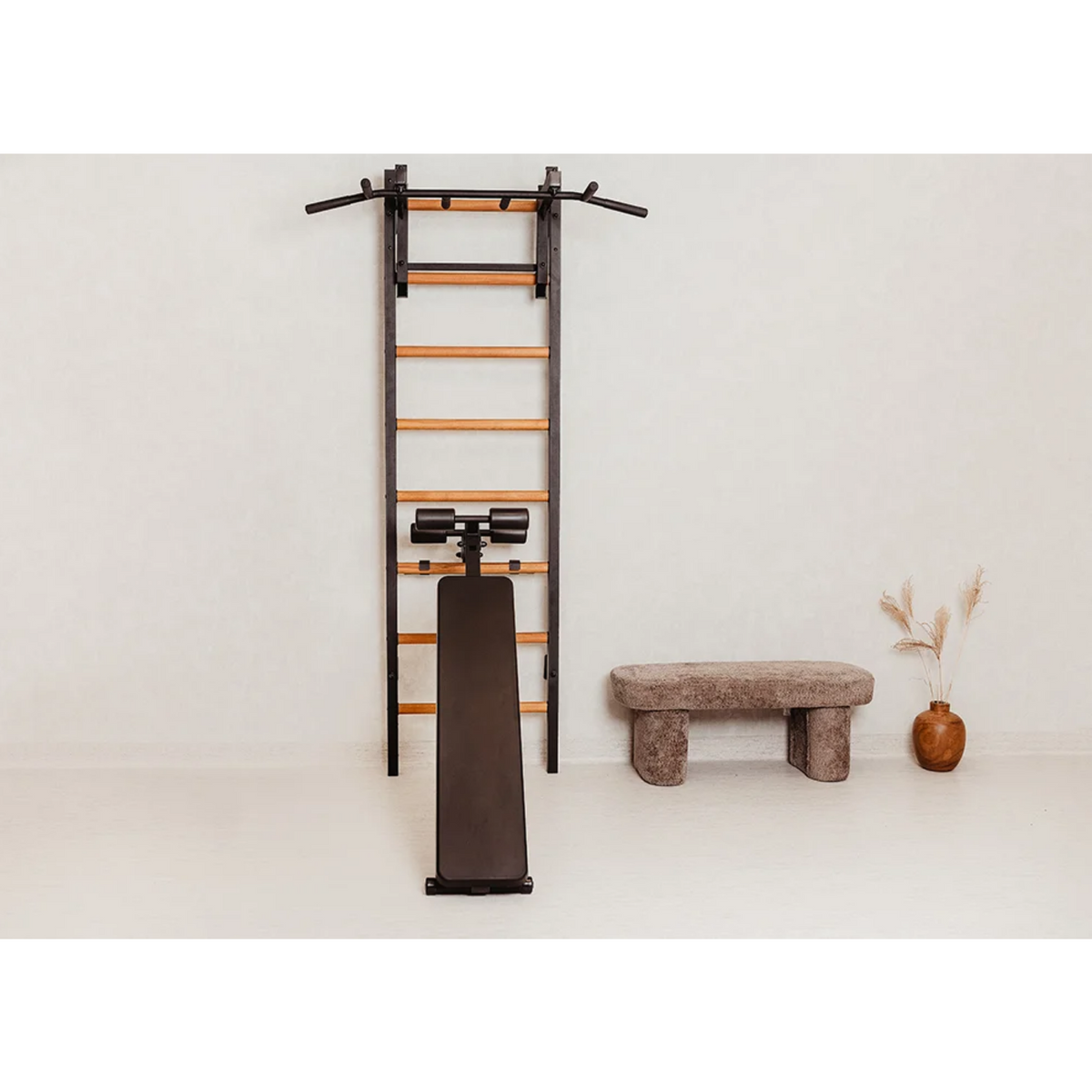 Front view of BenchK 233 Wall Bars and Gymnastic Ladders black version in a living room.