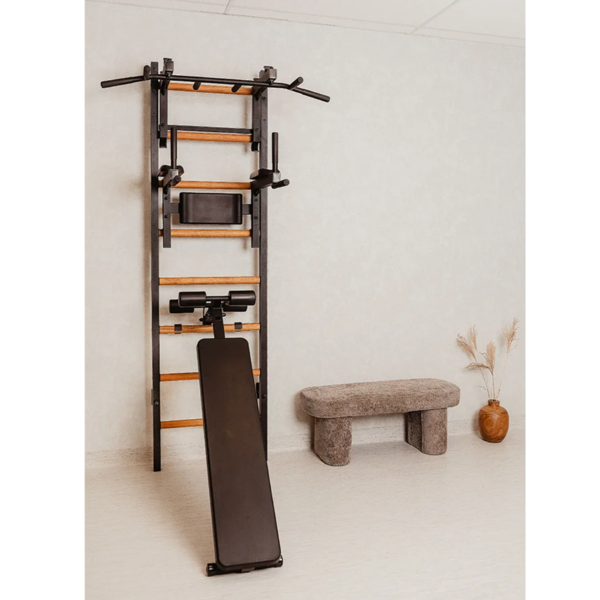 Front view of BenchK 233 Wall Bars and Gymnastic Ladders black version in a living room.