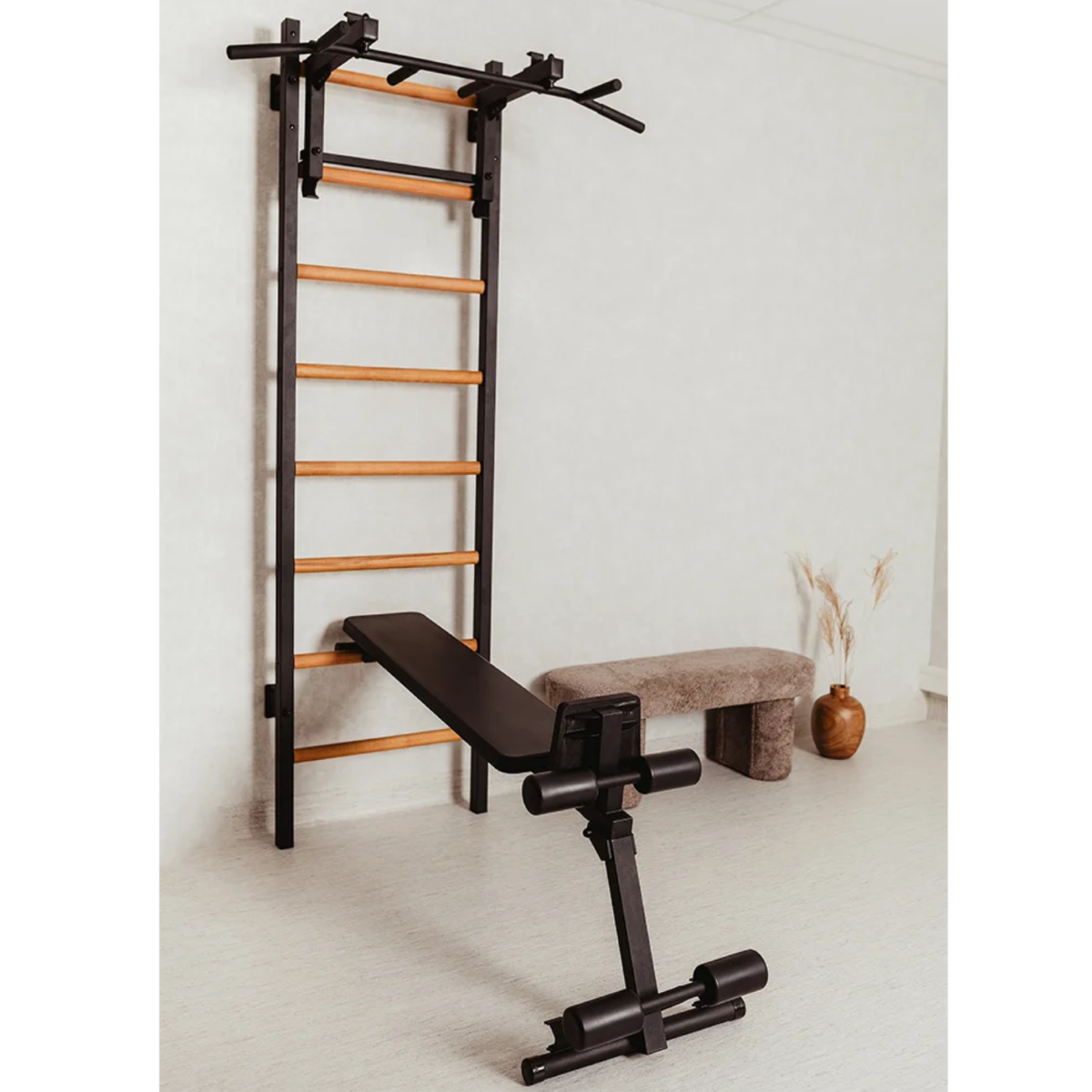 Side view of BenchK 233 Wall Bars and Gymnastic Ladders black version in a living room.