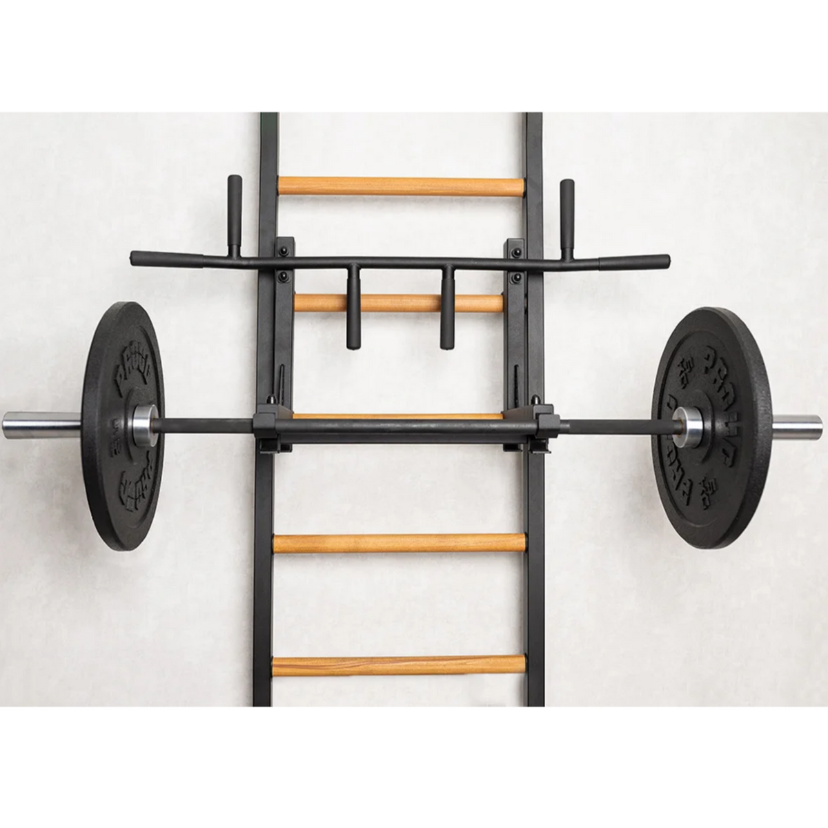 Close up view of barbell holder with barbell on top of BenchK 233 Wall Bars and Gymnastic Ladders black version.